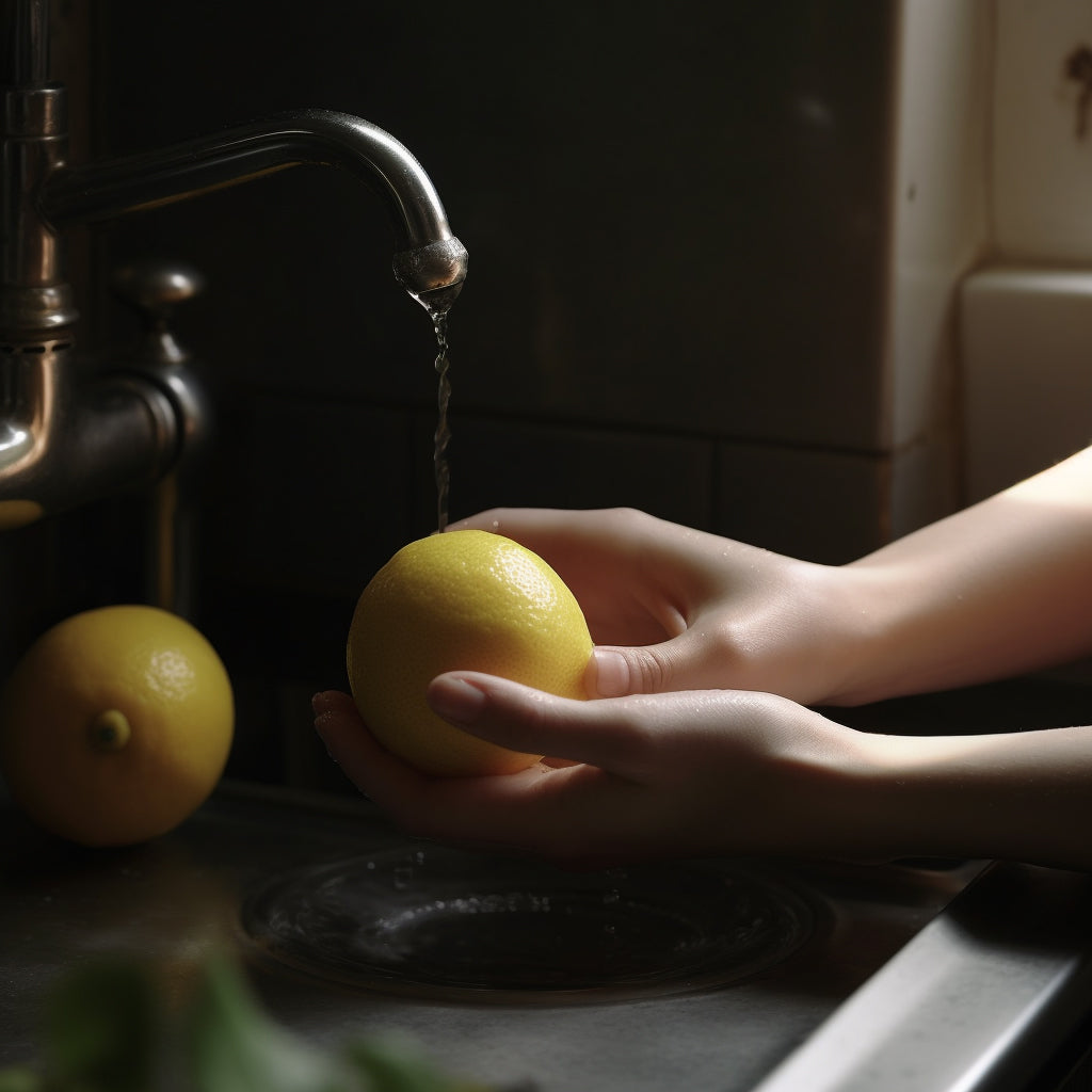 Hands washing fresh lemons under running water