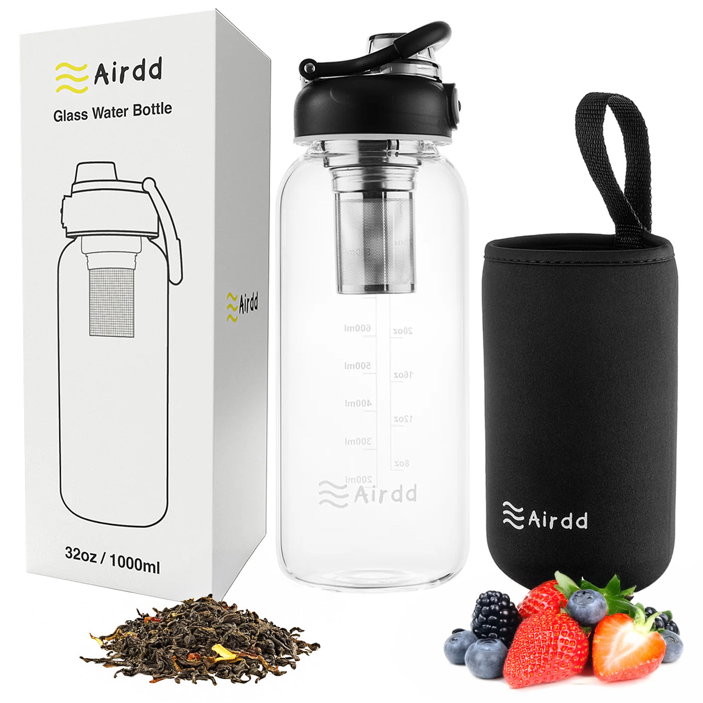 Glass Water Bottle with Tea Infuser 1000ml / 32oz